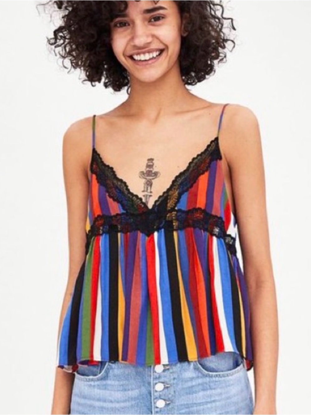 Zara Multicolor Vertical Stripe Lace-Trim Cami NWOT